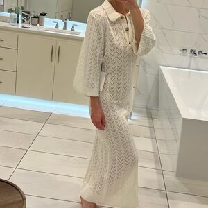 Cream Knit Maxi Dress with Polo Collar